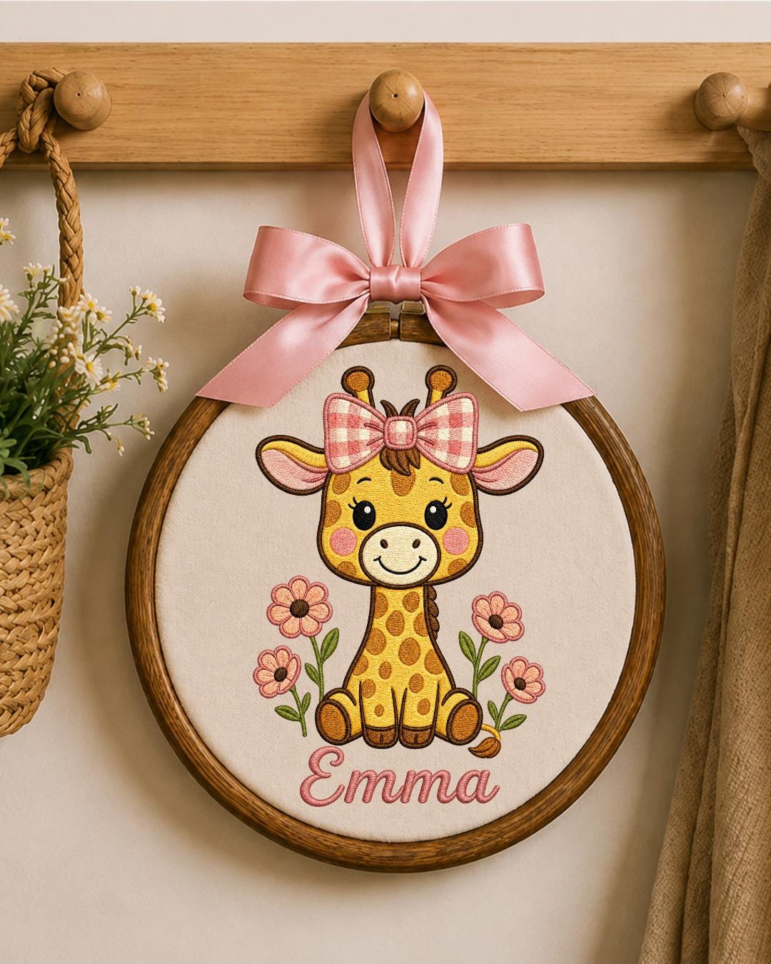 Personalized Embroidered Giraffe Ornament, Custom Baby Name Hoop, Floral Safari Nursery Decor, Baby Girl Gift, Newborn Keepsake