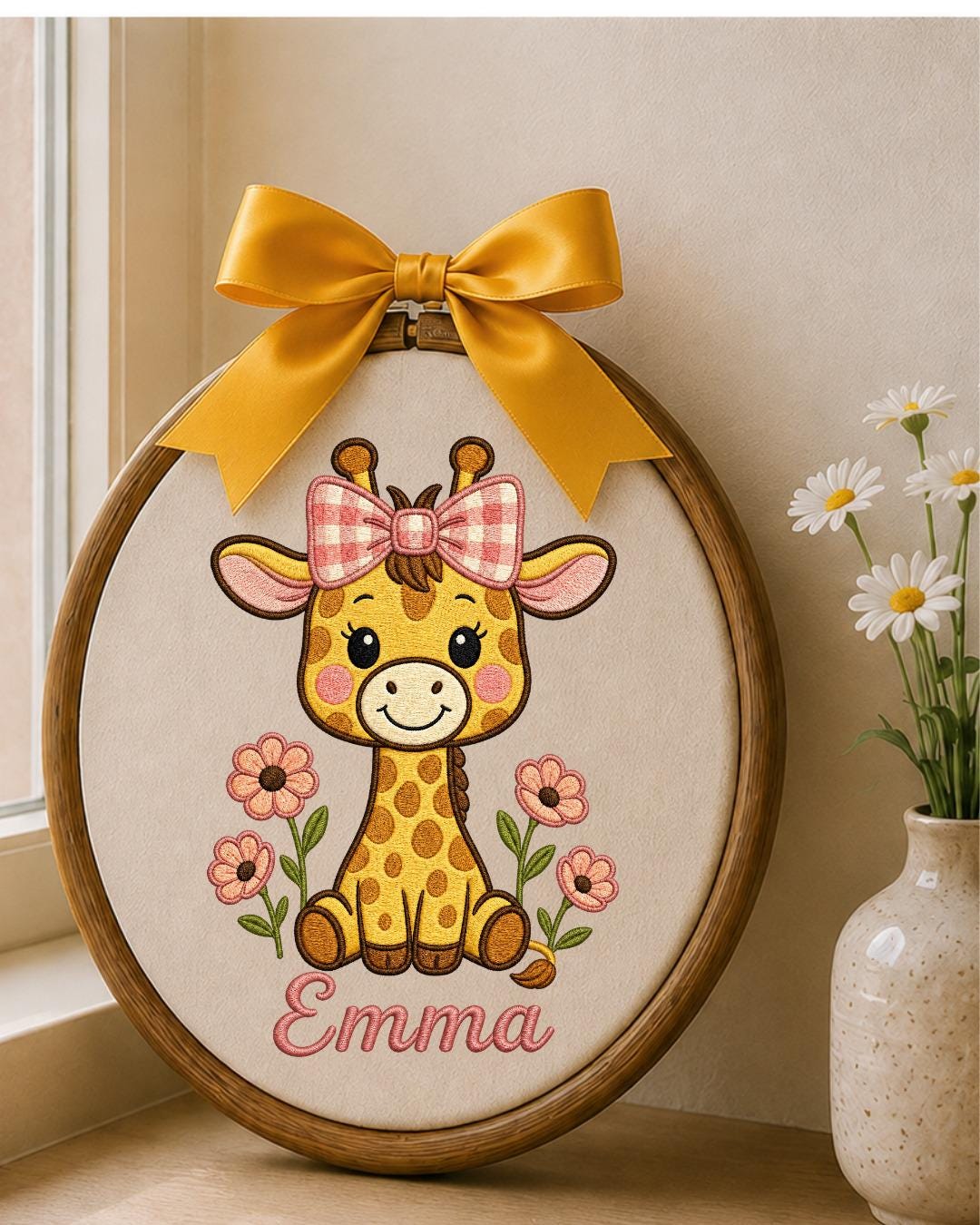 Personalized Embroidered Giraffe Ornament, Custom Baby Name Hoop, Floral Safari Nursery Decor, Baby Girl Gift, Newborn Keepsake