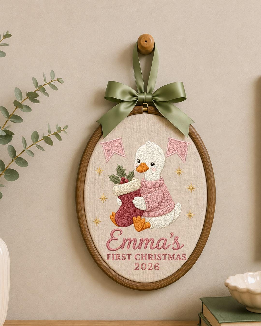 Personalized Embroidered First Christmas Ornament, Custom Baby Name Goose Hoop, Baby Girl Christmas 2026 Keepsake, Nursery Decor