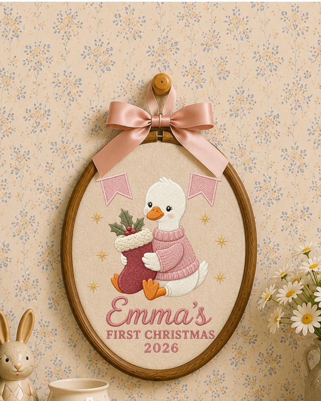 Personalized Embroidered First Christmas Ornament, Custom Baby Name Goose Hoop, Baby Girl Christmas 2026 Keepsake, Nursery Decor