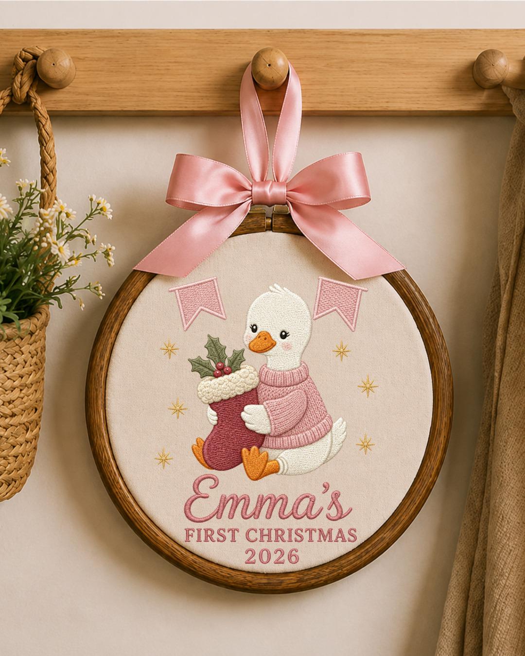 Personalized Embroidered First Christmas Ornament, Custom Baby Name Goose Hoop, Baby Girl Christmas 2026 Keepsake, Nursery Decor
