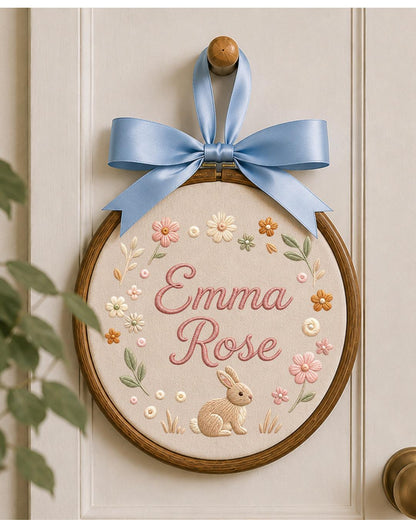 Personalized Embroidered Bunny Ornament, Custom Baby Name Hoop, Floral Nursery Wall Decor, Baby Girl Gift, Newborn Keepsake