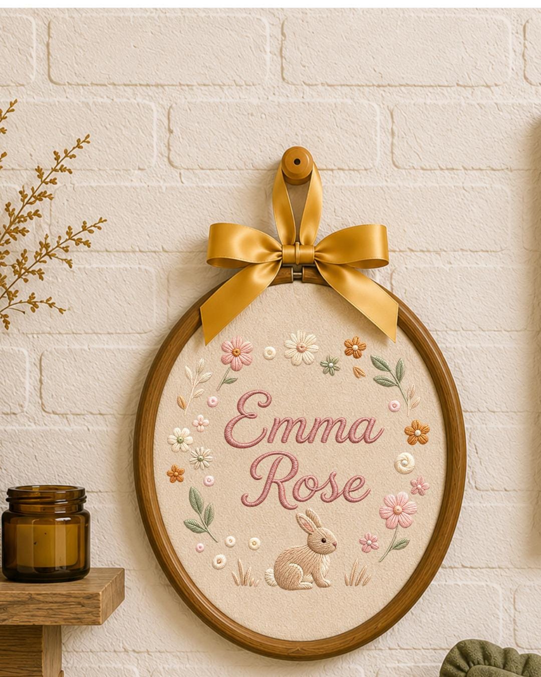 Personalized Embroidered Bunny Ornament, Custom Baby Name Hoop, Floral Nursery Wall Decor, Baby Girl Gift, Newborn Keepsake