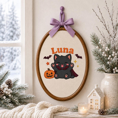 Personalized Spooky Cat Pumpkin Embroidery Hoop Art, Halloween Nursery Decor, Custom Name Sign