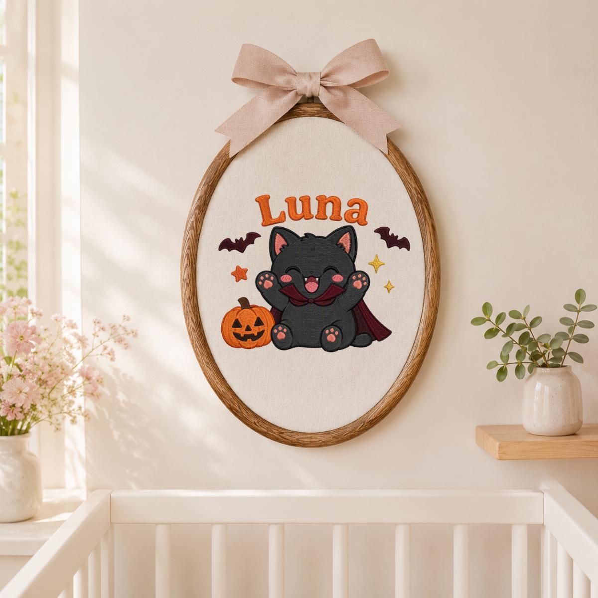 Personalized Spooky Cat Pumpkin Embroidery Hoop Art, Halloween Nursery Decor, Custom Name Sign
