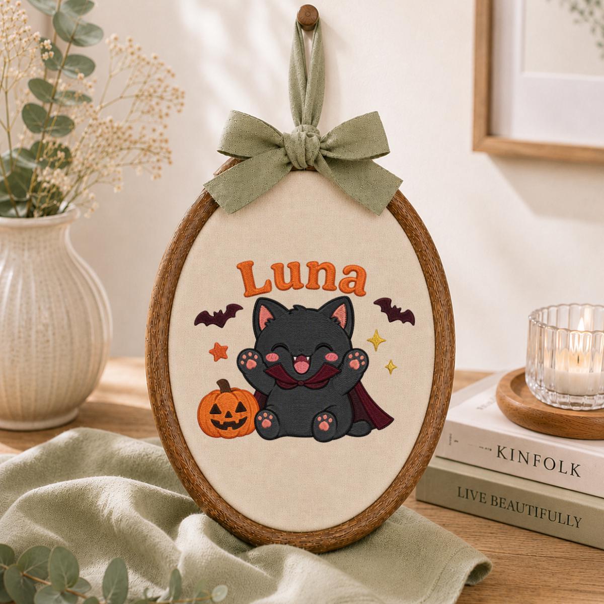 Personalized Spooky Cat Pumpkin Embroidery Hoop Art, Halloween Nursery Decor, Custom Name Sign