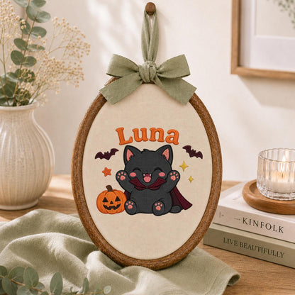 Personalized Spooky Cat Pumpkin Embroidery Hoop Art, Halloween Nursery Decor, Custom Name Sign