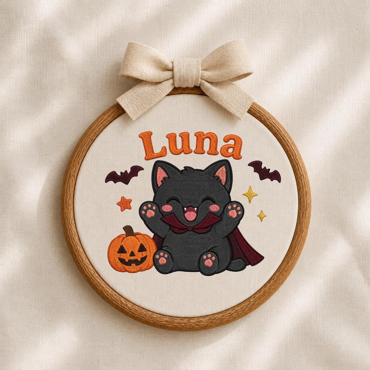 Personalized Spooky Cat Pumpkin Embroidery Hoop Art, Halloween Nursery Decor, Custom Name Sign