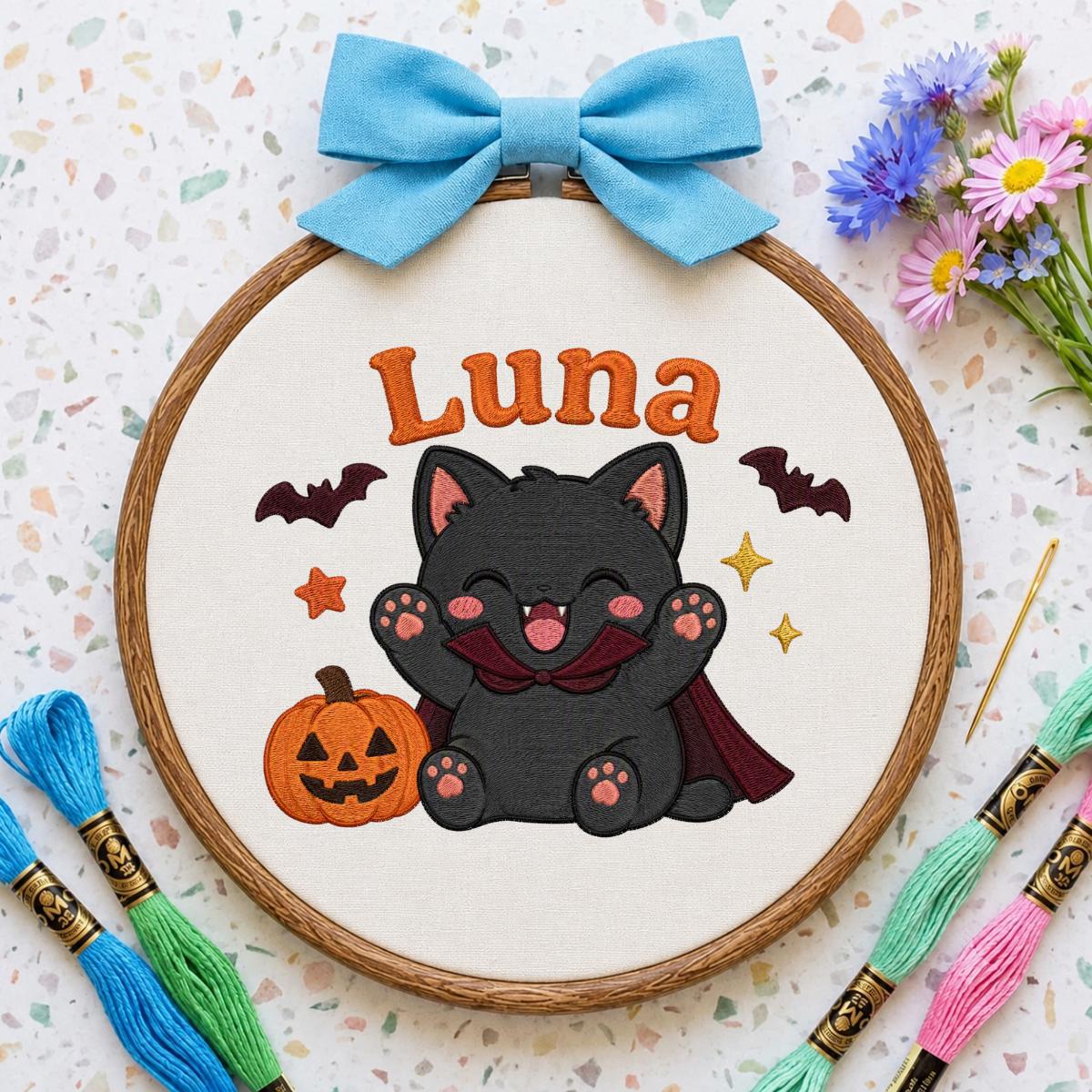 Personalized Spooky Cat Pumpkin Embroidery Hoop Art, Halloween Nursery Decor, Custom Name Sign