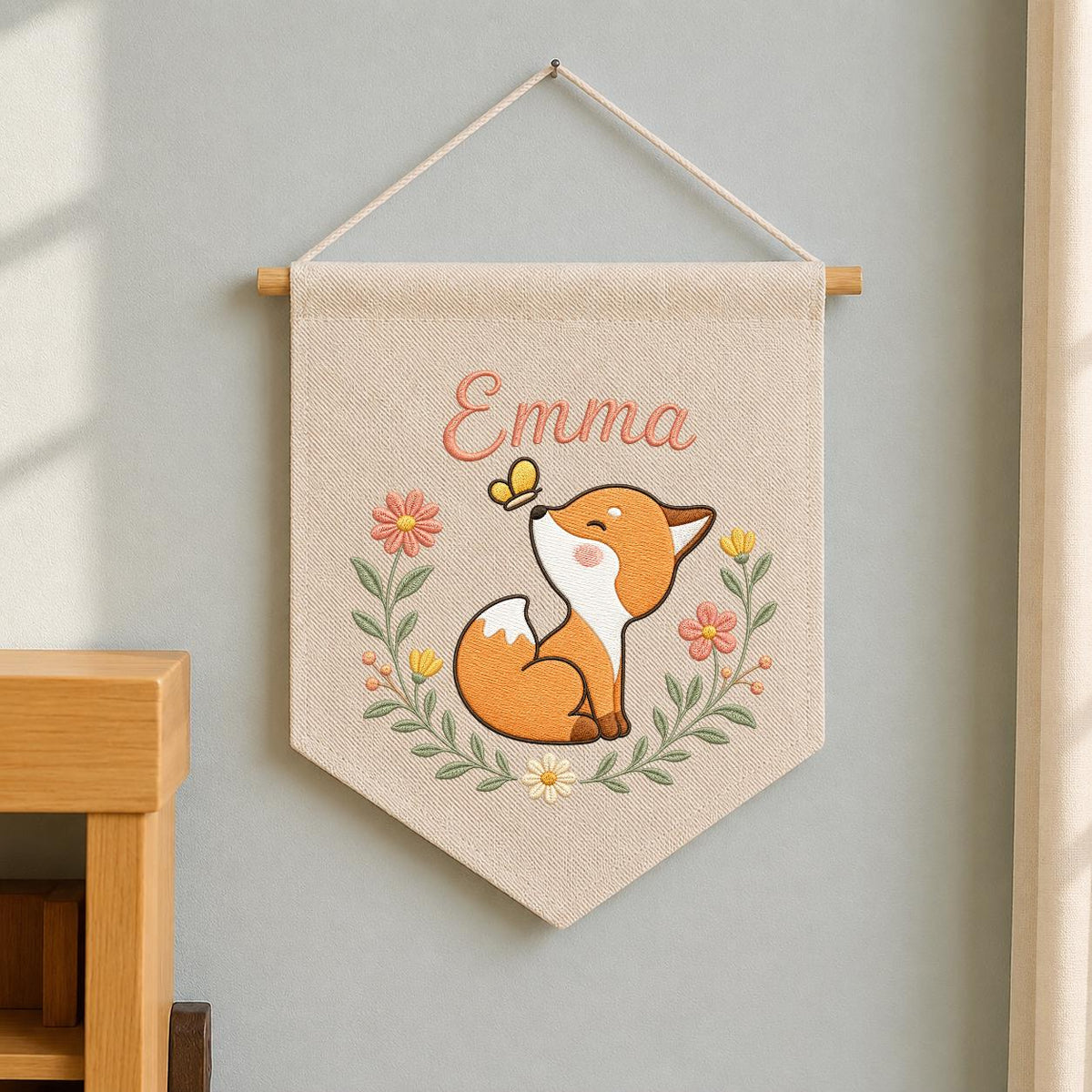 Personalized Fox Nursery Banner, Embroidered Name Wall Decor, Linen Woodland Art