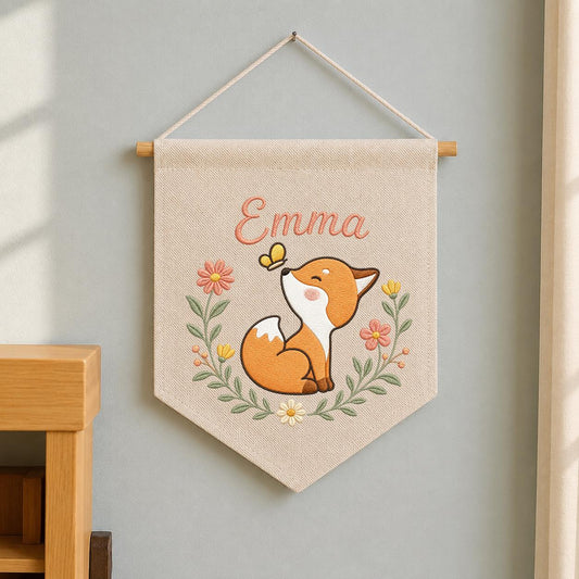 Personalized Fox Nursery Banner, Embroidered Name Wall Decor, Linen Woodland Art