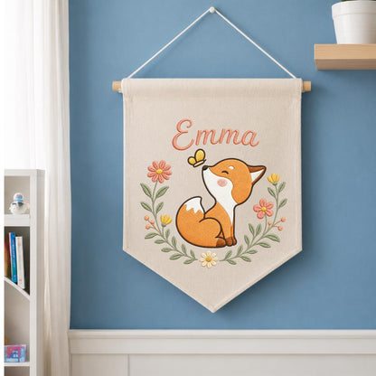 Personalized Fox Nursery Banner, Embroidered Name Wall Decor, Linen Woodland Art