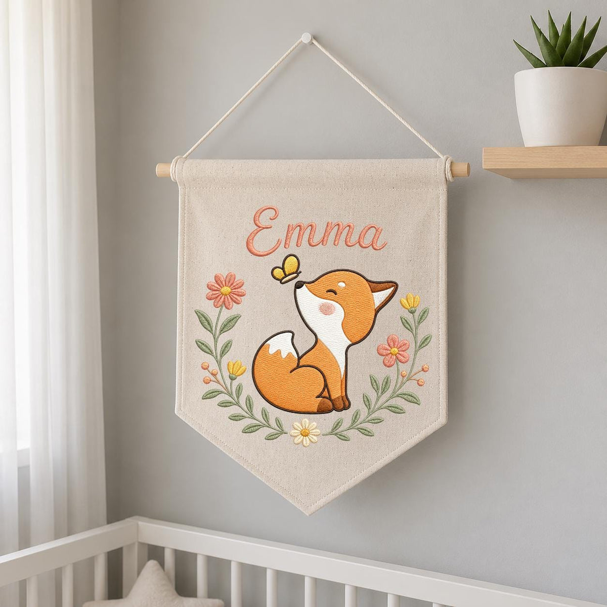 Personalized Fox Nursery Banner, Embroidered Name Wall Decor, Linen Woodland Art