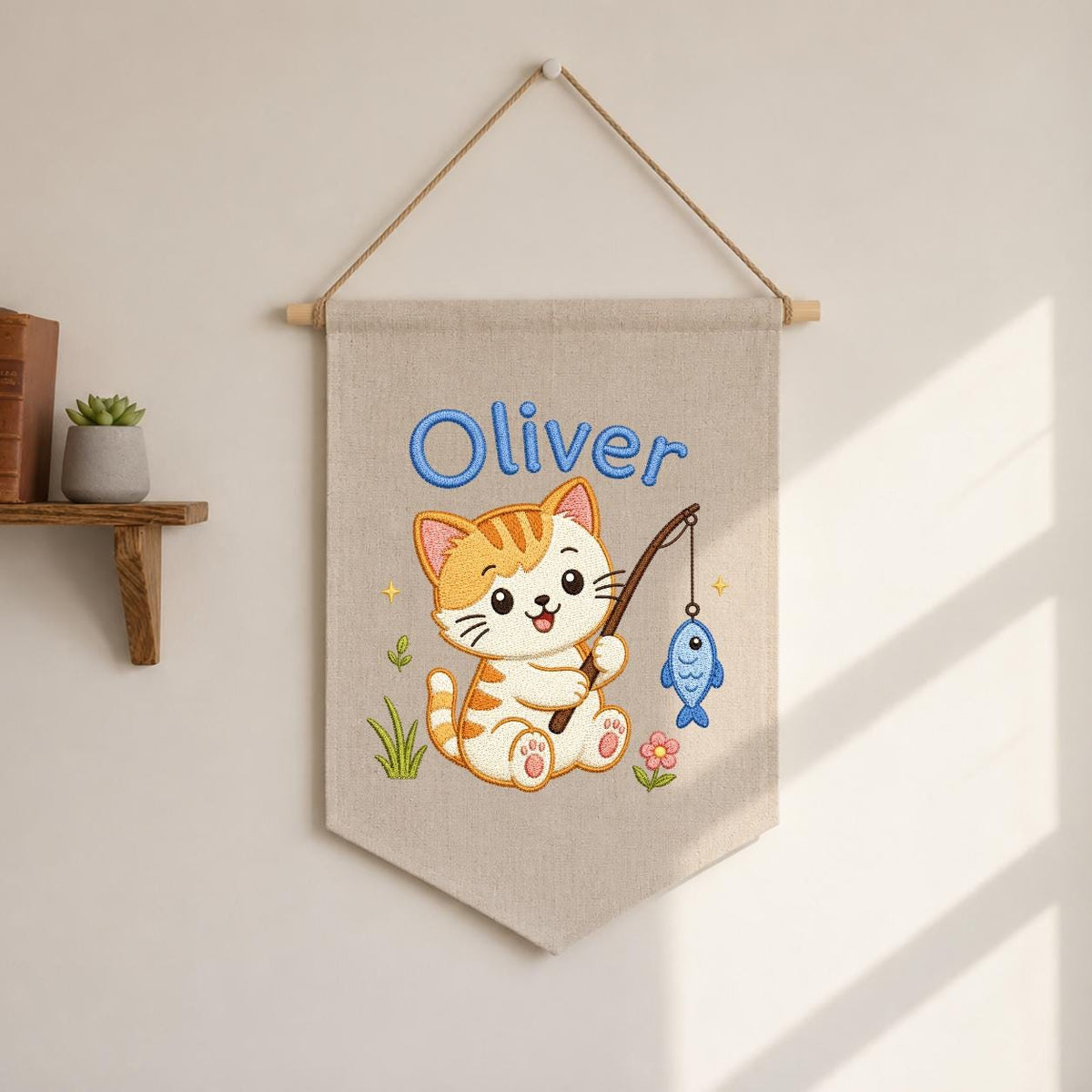 Embroidered Kitten Fishing Banner, Personalized Name Nursery Decor, Linen Wall Hanging
