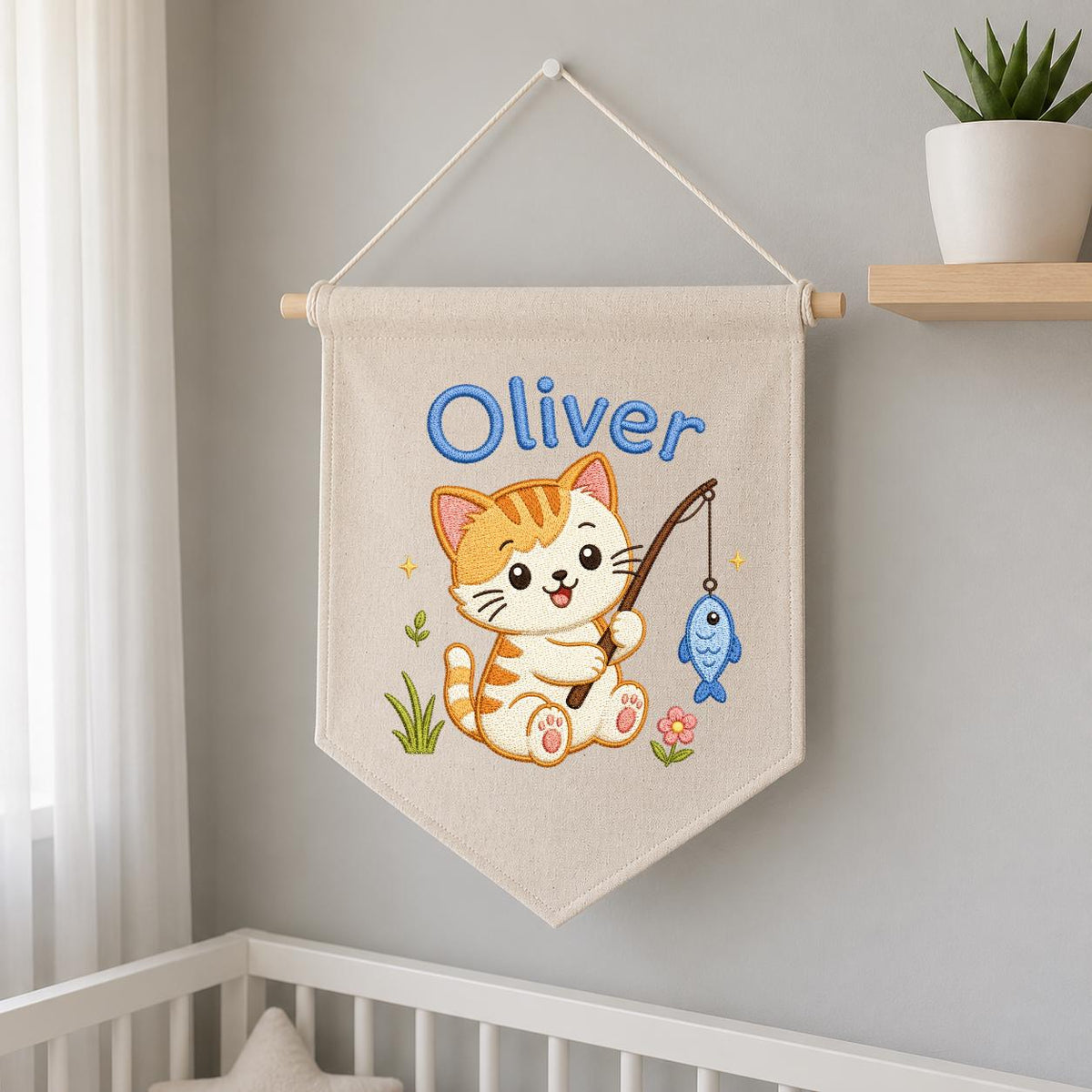 Embroidered Kitten Fishing Banner, Personalized Name Nursery Decor, Linen Wall Hanging