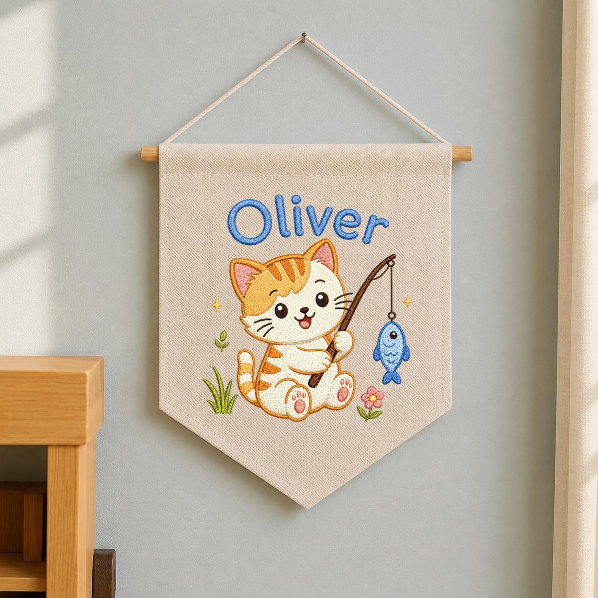 Embroidered Kitten Fishing Banner, Personalized Name Nursery Decor, Linen Wall Hanging
