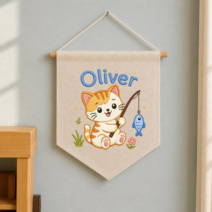 Embroidered Kitten Fishing Banner, Personalized Name Nursery Decor, Linen Wall Hanging