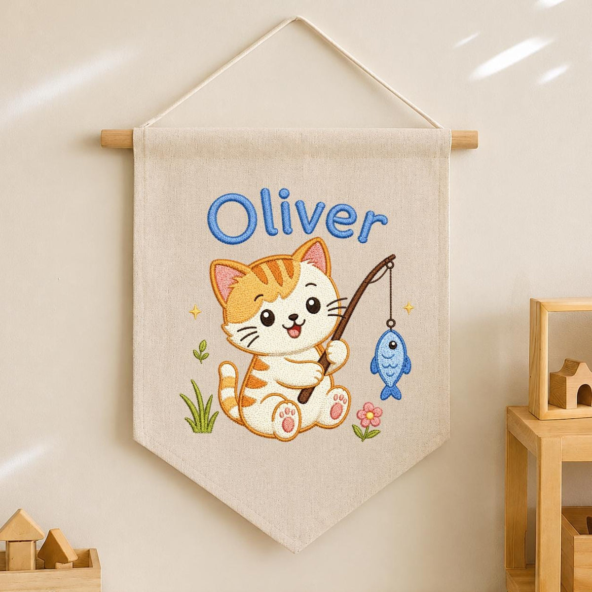 Embroidered Kitten Fishing Banner, Personalized Name Nursery Decor, Linen Wall Hanging