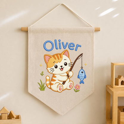 Embroidered Kitten Fishing Banner, Personalized Name Nursery Decor, Linen Wall Hanging
