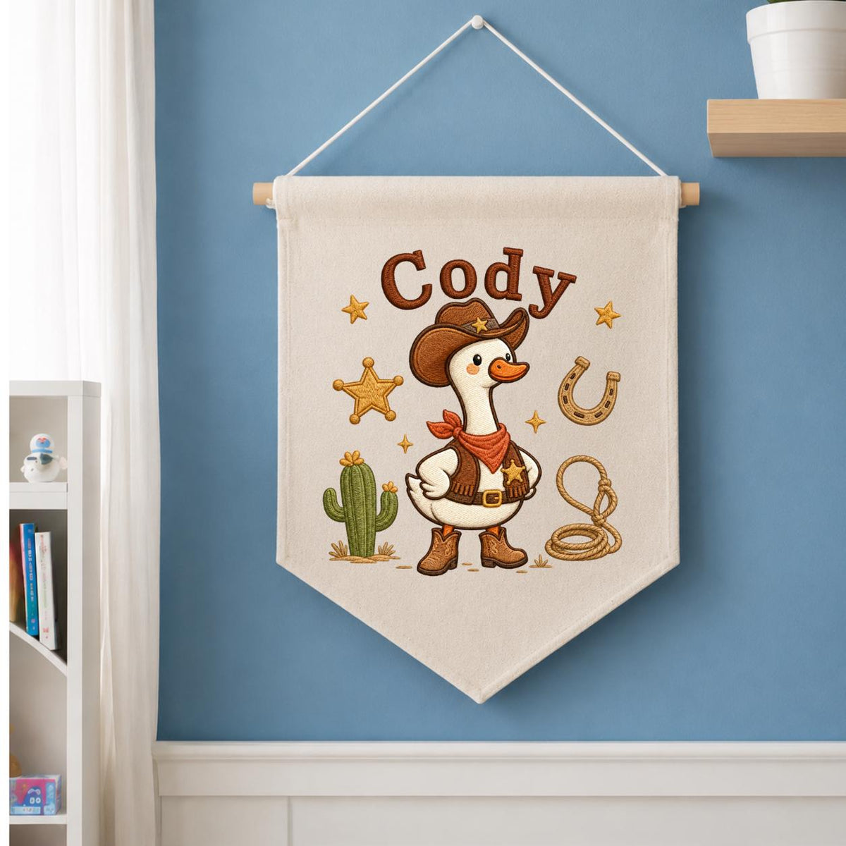 Personalized Cowboy Goose Canvas Wall Hanging, Embroidered Western Nursery Decor