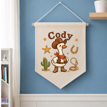 Personalized Cowboy Goose Canvas Wall Hanging, Embroidered Western Nursery Decor