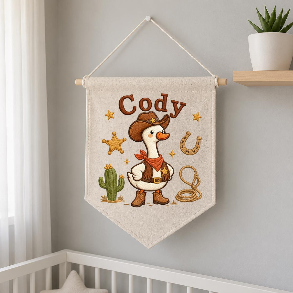 Personalized Cowboy Goose Canvas Wall Hanging, Embroidered Western Nursery Decor