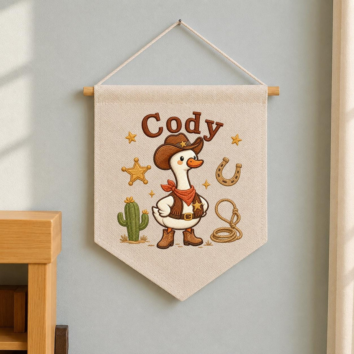Personalized Cowboy Goose Canvas Wall Hanging, Embroidered Western Nursery Decor