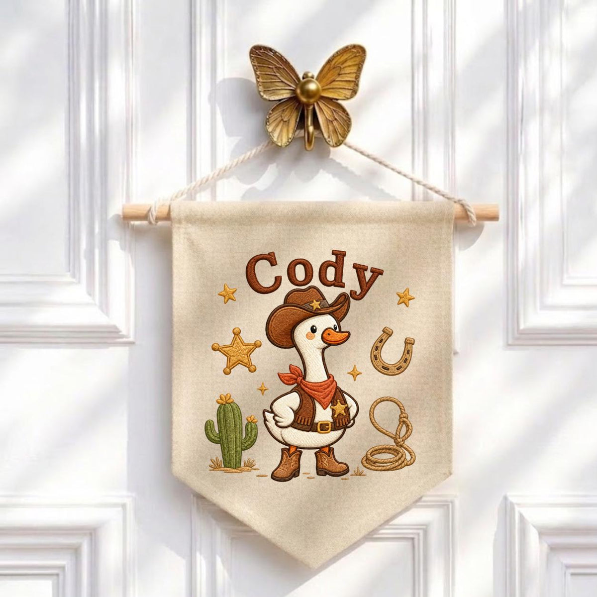 Personalized Cowboy Goose Canvas Wall Hanging, Embroidered Western Nursery Decor