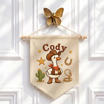 Personalized Cowboy Goose Canvas Wall Hanging, Embroidered Western Nursery Decor