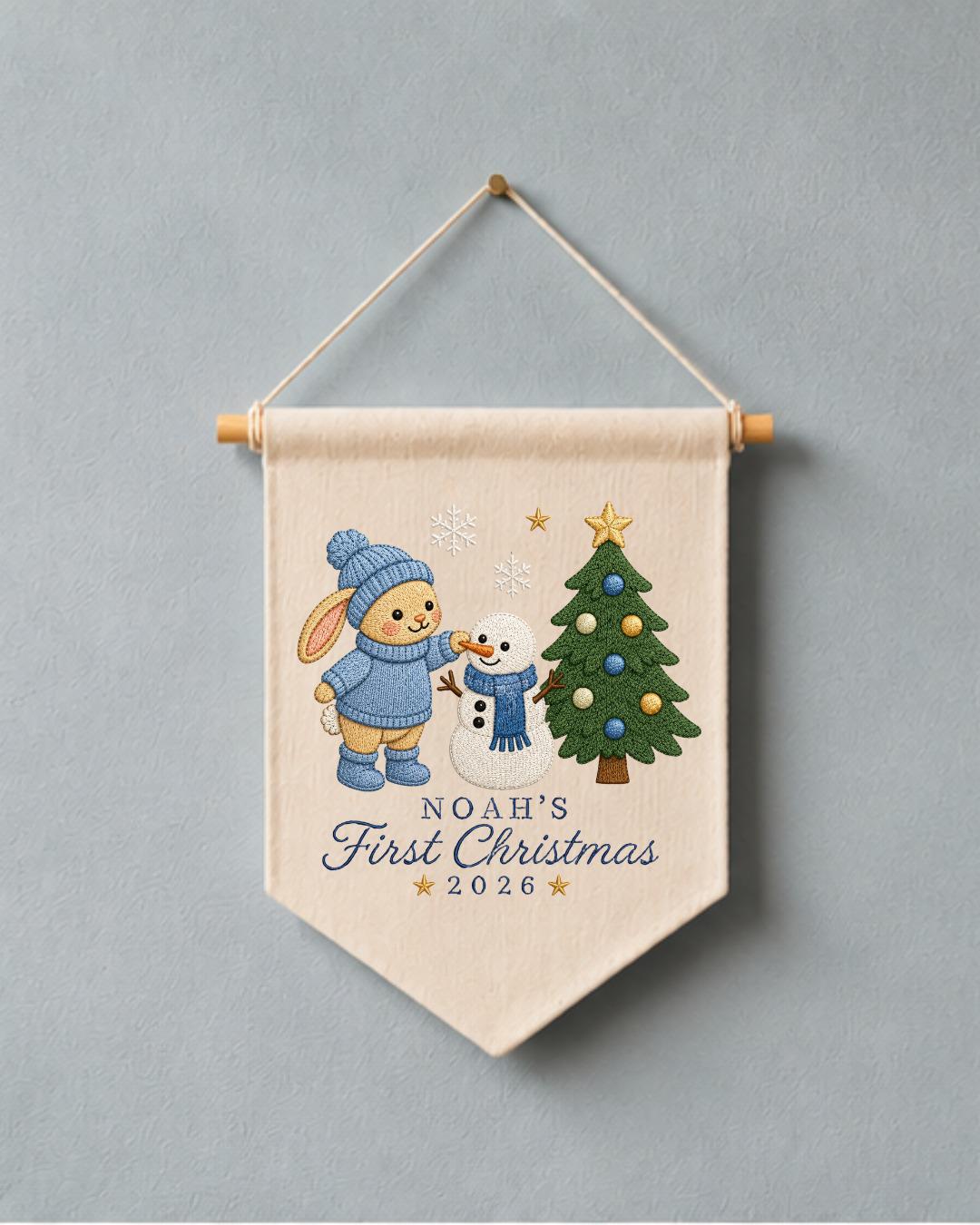 Personalized First Christmas Wall Hanging, Custom Name Embroidered Bunny Banner, Baby Christmas Nursery Decor, Snowman Holiday Keepsake 2026