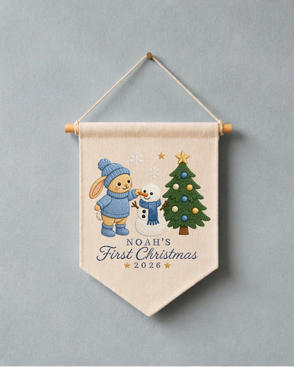 Personalized First Christmas Wall Hanging, Custom Name Embroidered Bunny Banner, Baby Christmas Nursery Decor, Snowman Holiday Keepsake 2026