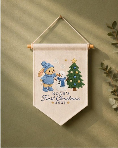Personalized First Christmas Wall Hanging, Custom Name Embroidered Bunny Banner, Baby Christmas Nursery Decor, Snowman Holiday Keepsake 2026
