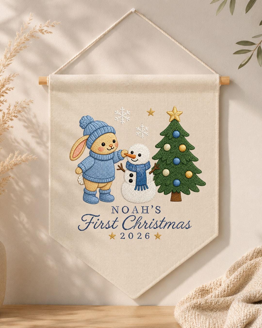 Personalized First Christmas Wall Hanging, Custom Name Embroidered Bunny Banner, Baby Christmas Nursery Decor, Snowman Holiday Keepsake 2026
