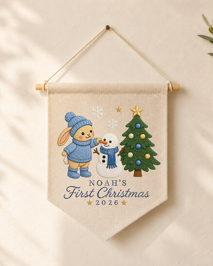 Personalized First Christmas Wall Hanging, Custom Name Embroidered Bunny Banner, Baby Christmas Nursery Decor, Snowman Holiday Keepsake 2026
