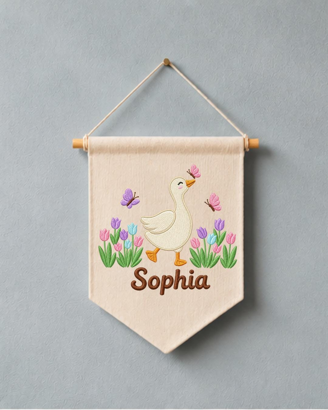 Personalized Goose Nursery Wall Hanging, Custom Name Embroidered Banner, Tulip Butterfly Baby Girl Room Decor, Spring Nursery Gift
