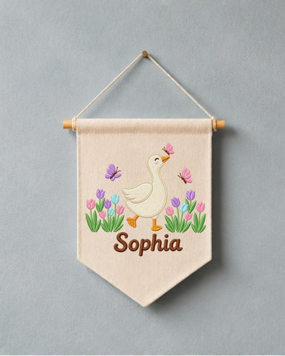 Personalized Goose Nursery Wall Hanging, Custom Name Embroidered Banner, Tulip Butterfly Baby Girl Room Decor, Spring Nursery Gift