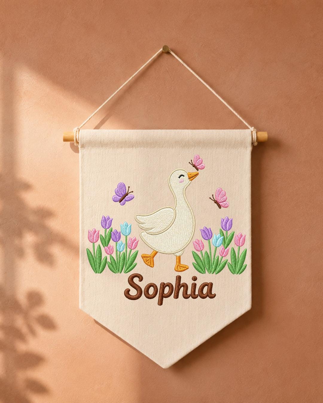 Personalized Goose Nursery Wall Hanging, Custom Name Embroidered Banner, Tulip Butterfly Baby Girl Room Decor, Spring Nursery Gift