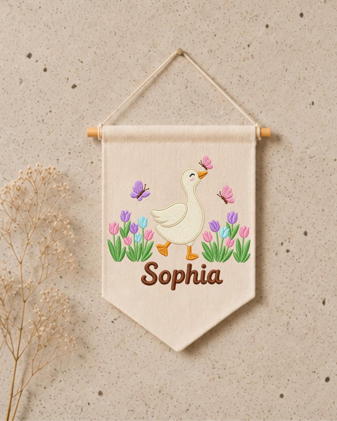 Personalized Goose Nursery Wall Hanging, Custom Name Embroidered Banner, Tulip Butterfly Baby Girl Room Decor, Spring Nursery Gift