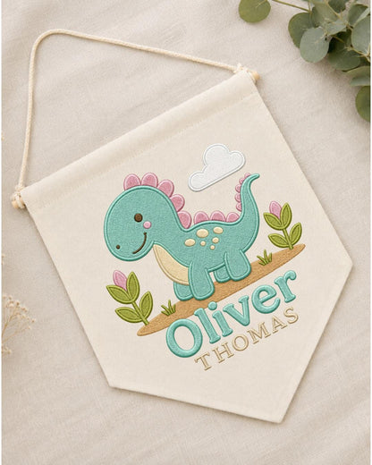 Personalized Dinosaur Nursery Wall Hanging, Custom Double Name Embroidered Banner, Cute Dino Baby Boy Room Decor, Prehistoric Nursery Gift