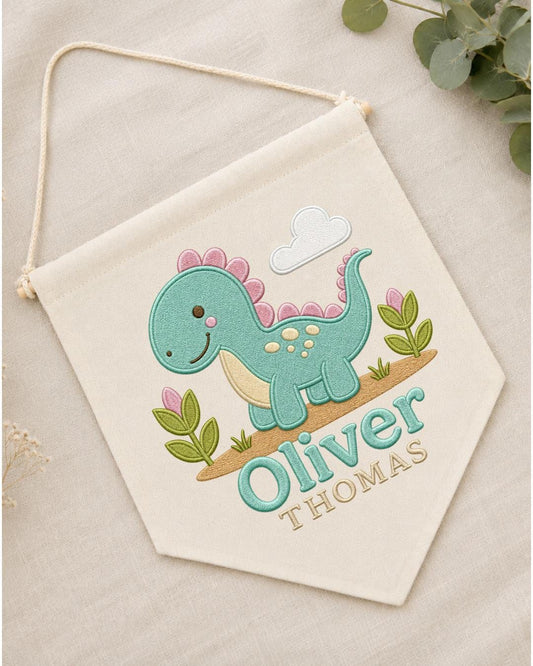 Personalized Dinosaur Nursery Wall Hanging, Custom Double Name Embroidered Banner, Cute Dino Baby Boy Room Decor, Prehistoric Nursery Gift