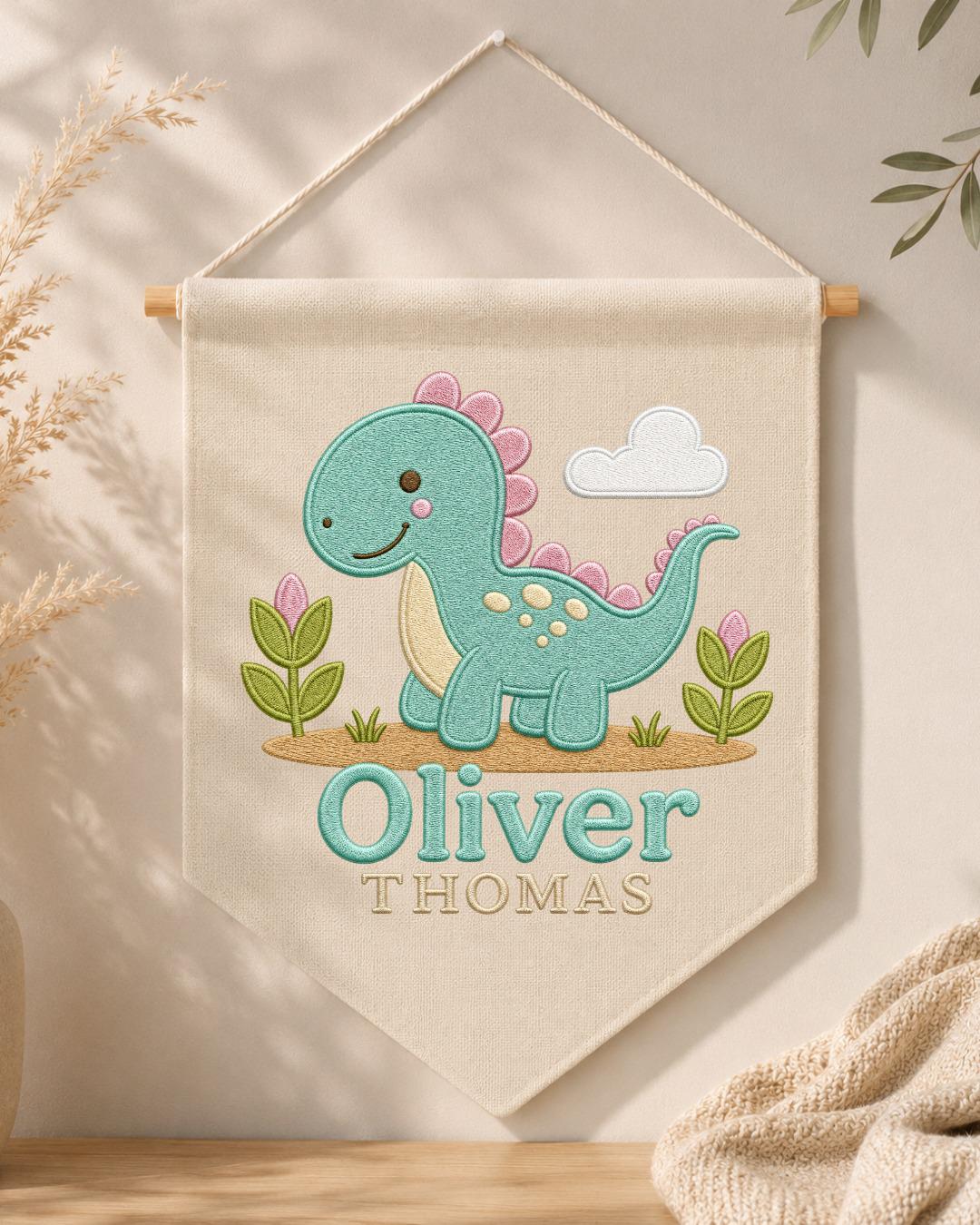 Personalized Dinosaur Nursery Wall Hanging, Custom Double Name Embroidered Banner, Cute Dino Baby Boy Room Decor, Prehistoric Nursery Gift