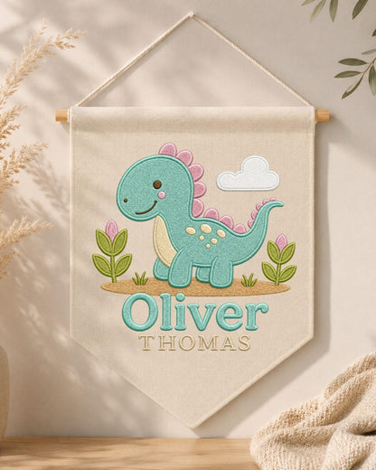 Personalized Dinosaur Nursery Wall Hanging, Custom Double Name Embroidered Banner, Cute Dino Baby Boy Room Decor, Prehistoric Nursery Gift