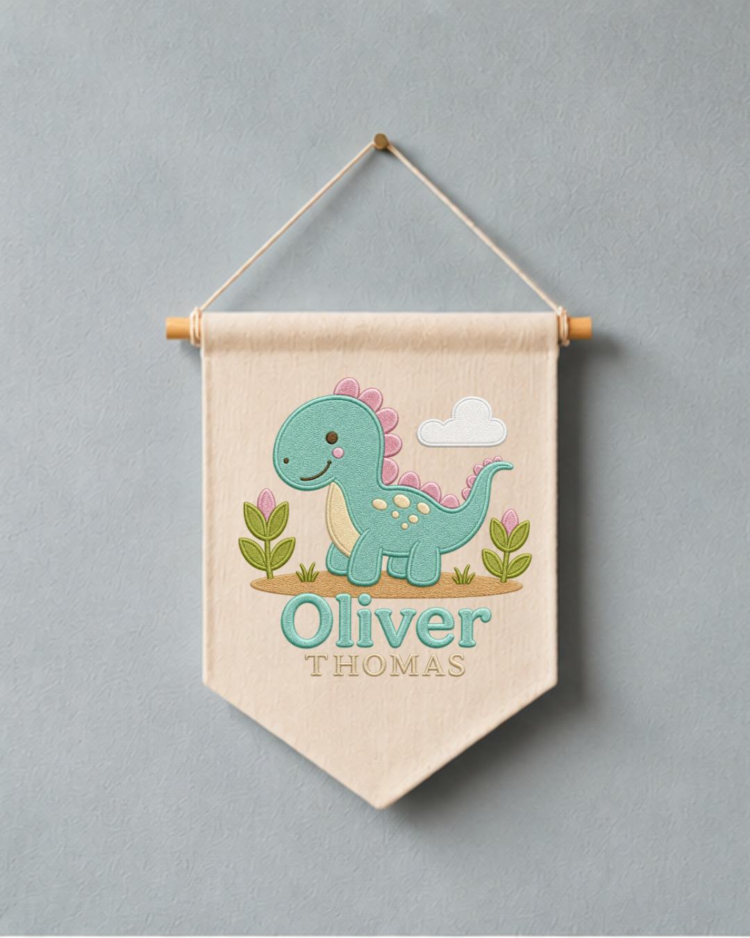 Personalized Dinosaur Nursery Wall Hanging, Custom Double Name Embroidered Banner, Cute Dino Baby Boy Room Decor, Prehistoric Nursery Gift