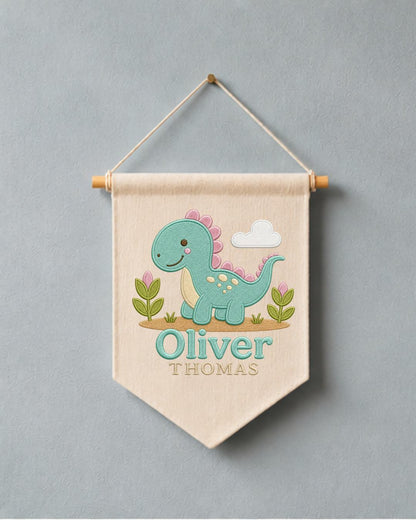 Personalized Dinosaur Nursery Wall Hanging, Custom Double Name Embroidered Banner, Cute Dino Baby Boy Room Decor, Prehistoric Nursery Gift