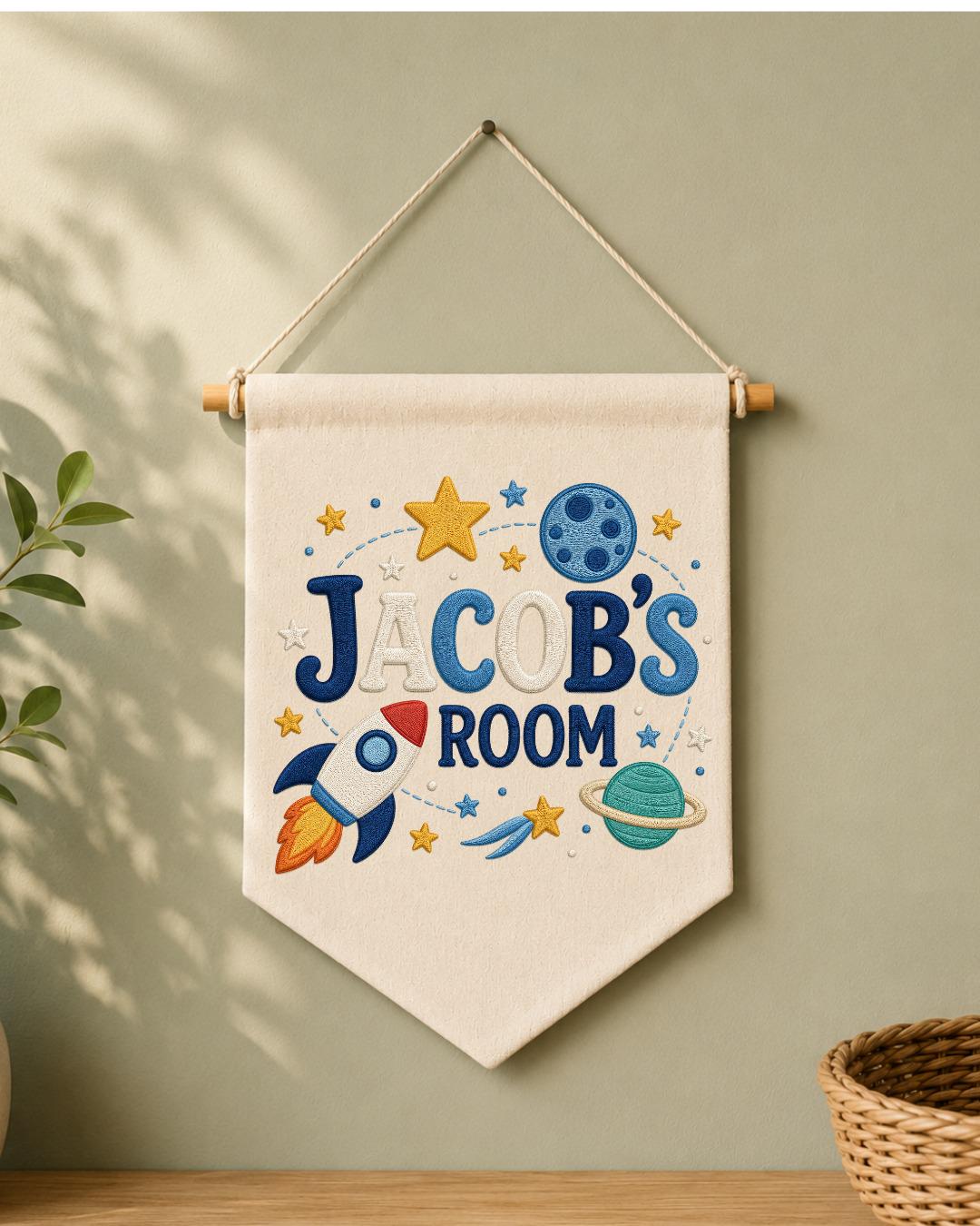 Personalized Space Room Wall Hanging, Custom Name Embroidered Rocket Banner, Outer Space Kids Room Decor, Boys Bedroom Gift