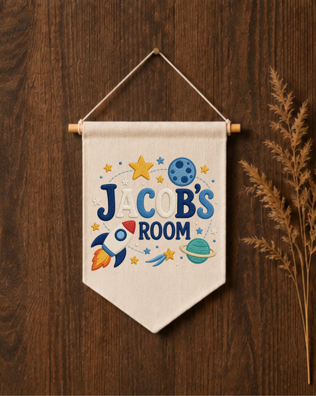 Personalized Space Room Wall Hanging, Custom Name Embroidered Rocket Banner, Outer Space Kids Room Decor, Boys Bedroom Gift