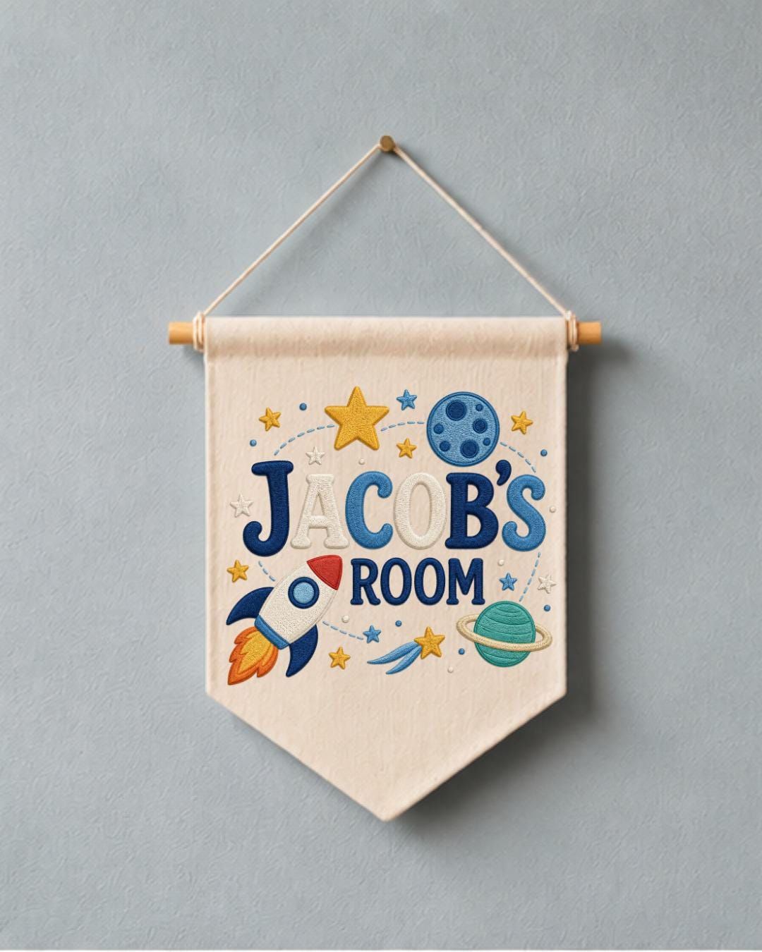 Personalized Space Room Wall Hanging, Custom Name Embroidered Rocket Banner, Outer Space Kids Room Decor, Boys Bedroom Gift