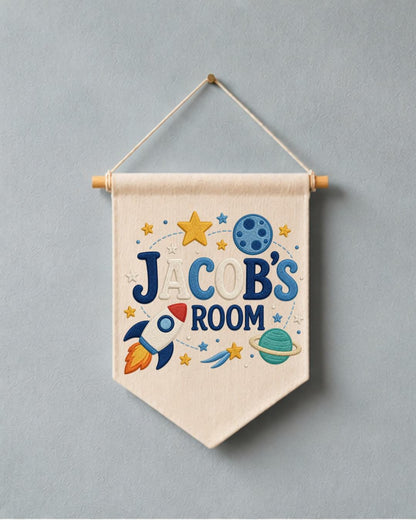 Personalized Space Room Wall Hanging, Custom Name Embroidered Rocket Banner, Outer Space Kids Room Decor, Boys Bedroom Gift