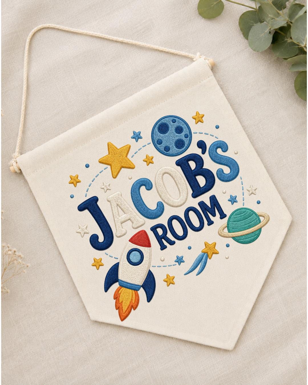 Personalized Space Room Wall Hanging, Custom Name Embroidered Rocket Banner, Outer Space Kids Room Decor, Boys Bedroom Gift