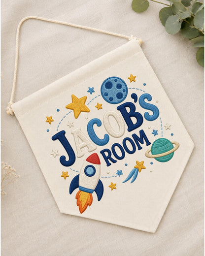 Personalized Space Room Wall Hanging, Custom Name Embroidered Rocket Banner, Outer Space Kids Room Decor, Boys Bedroom Gift